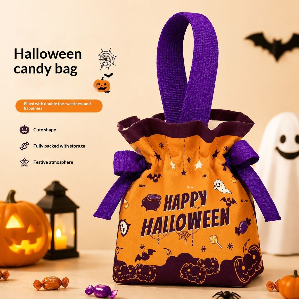 An orange and purple fabric Halloween candy bag with 'HAPPY HALLOWEEN' printed on it, shown on a beige background with Halloween props including a pumpkin, lantern, spider, and ghost. Text on the left describes the product features.