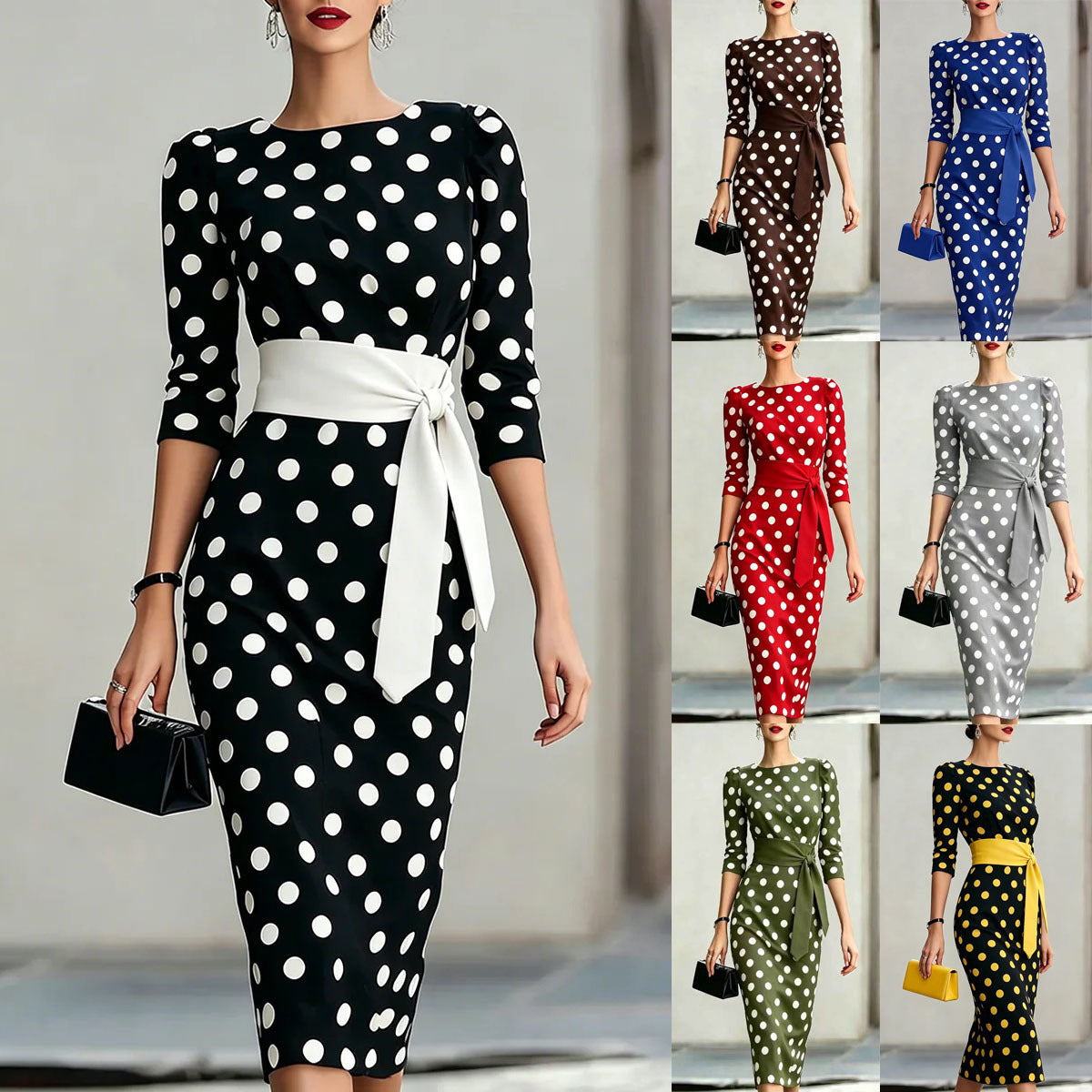 A woman models a knee-length fitted dress with three-quarter sleeves, a boat neckline, and a large waist tie. The dress has a black base with large white polka dots.