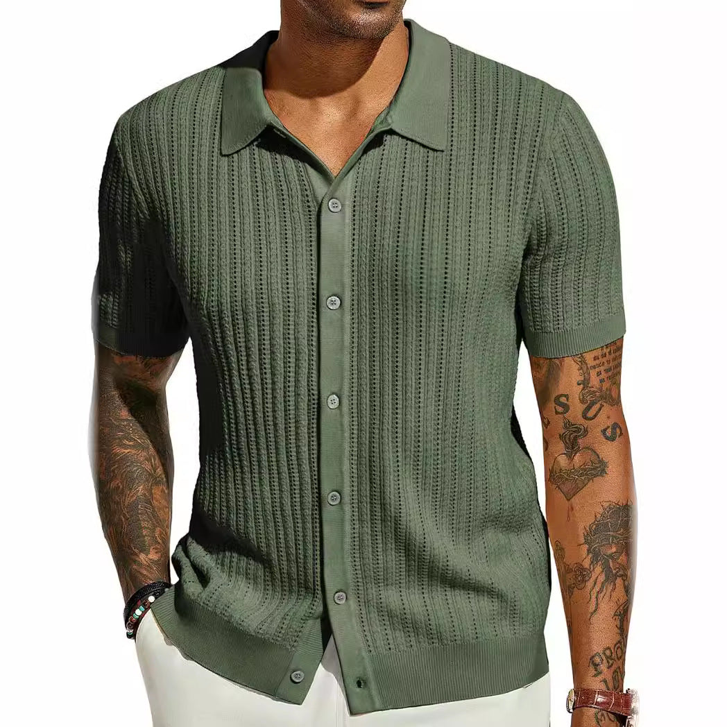 Man wearing a green textured short-sleeve shirt on a white background