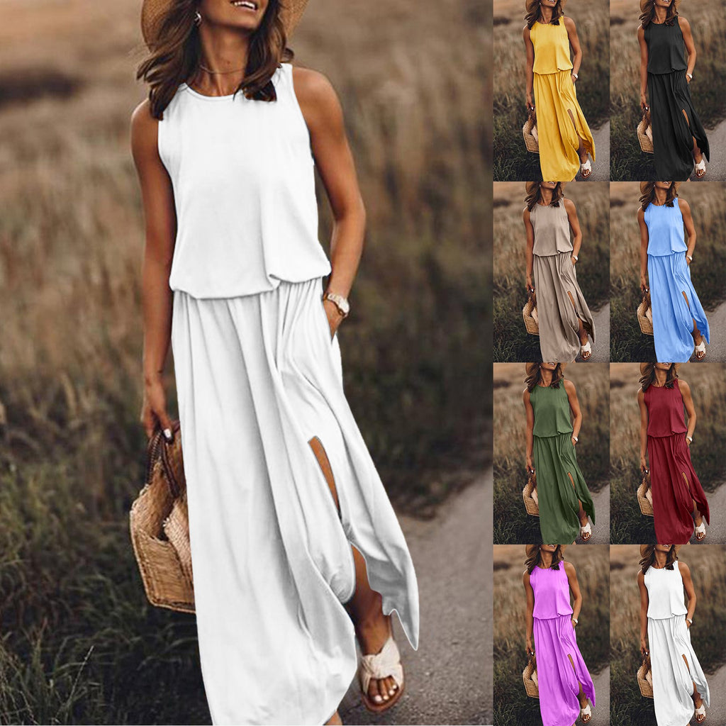 Woman in a white dress standing in a field with color swatches of other dresses.