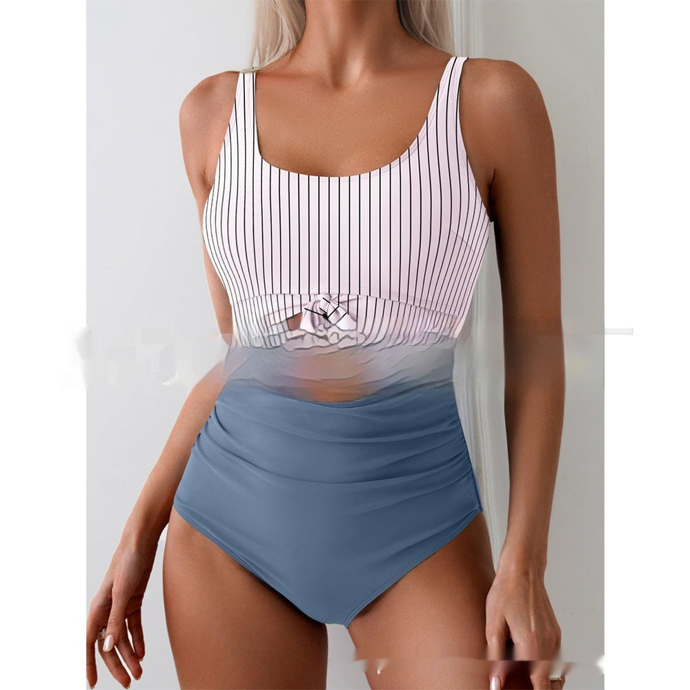 Women Contrast Color Tummy Control One Piece Swimsuit