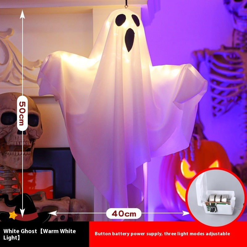 Halloween ghost decoration with measurement details and power supply information.