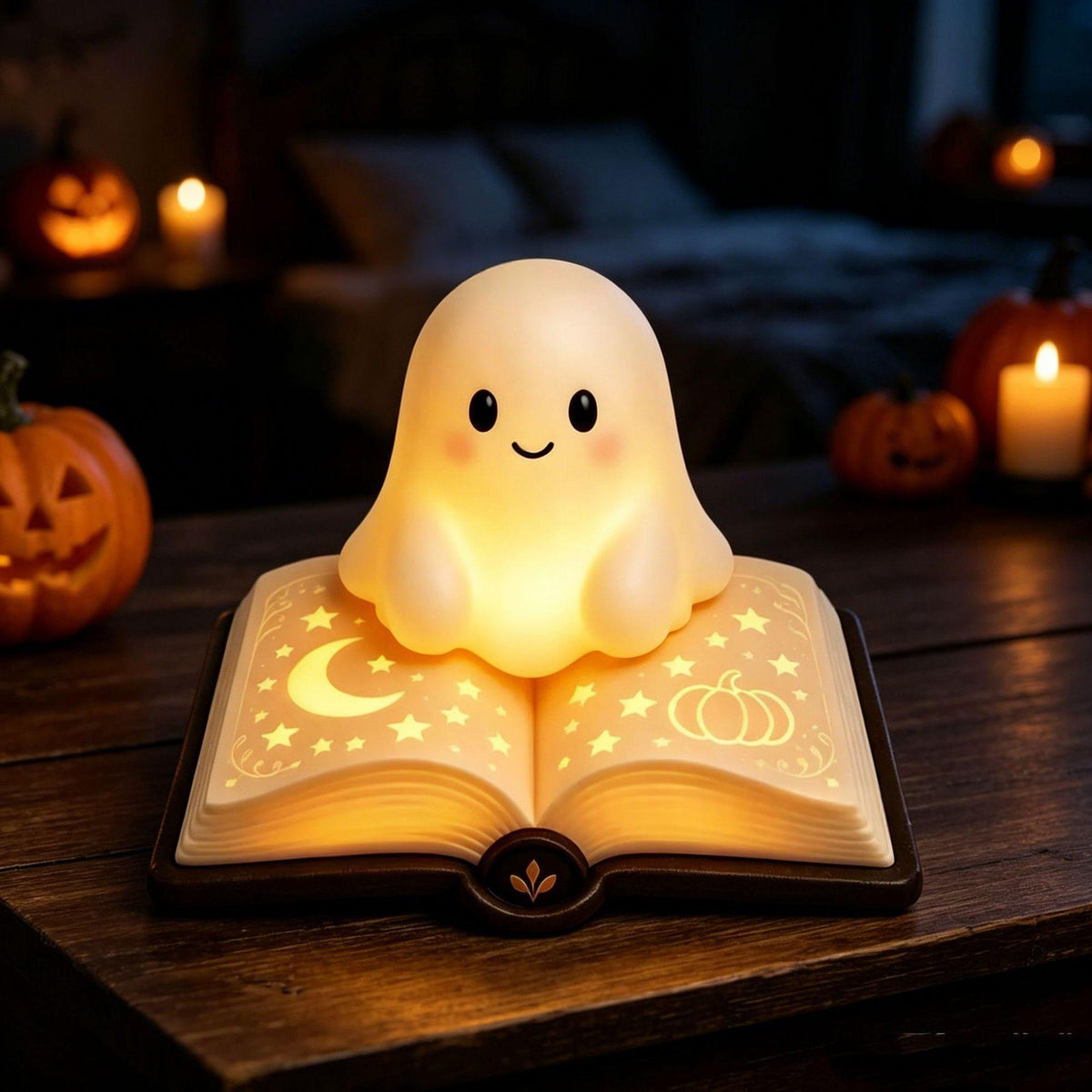 A cute ghost-shaped night light with a smiling face sits on top of an open book lamp that glows with warm yellow light. The ghost has black eyes and a simple smile, and the book features cutout designs of a crescent moon, stars, and a pumpkin.