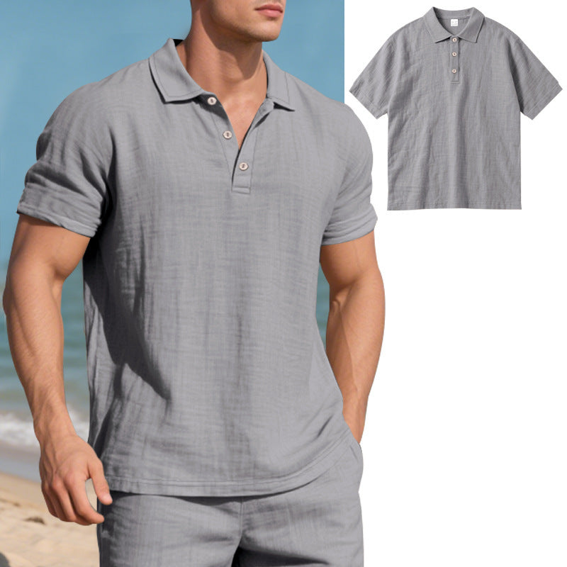 Man wearing a gray polo shirt on a beach with an inset showing the shirt.