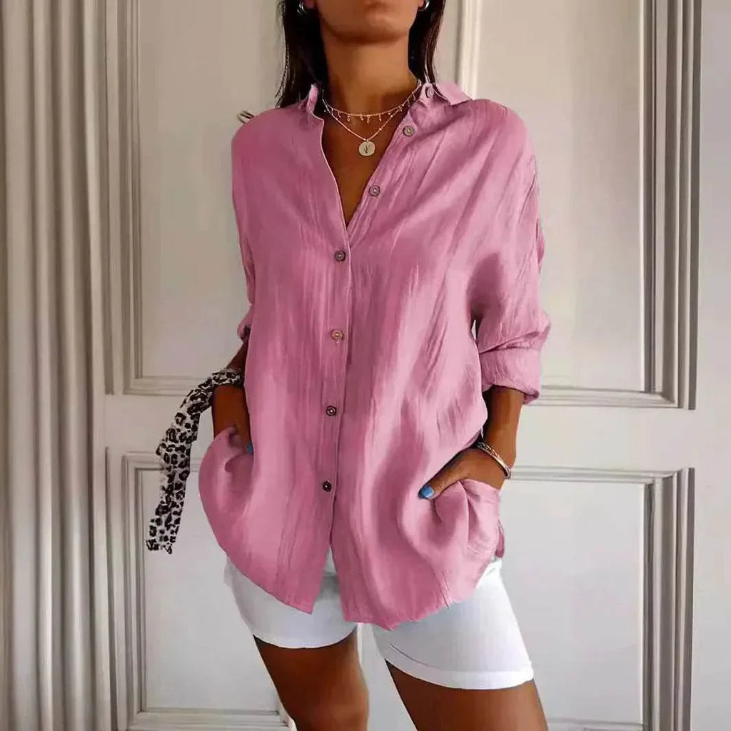 Pleated Lapel Long Sleeve Shirt for Women - ZA-Zola