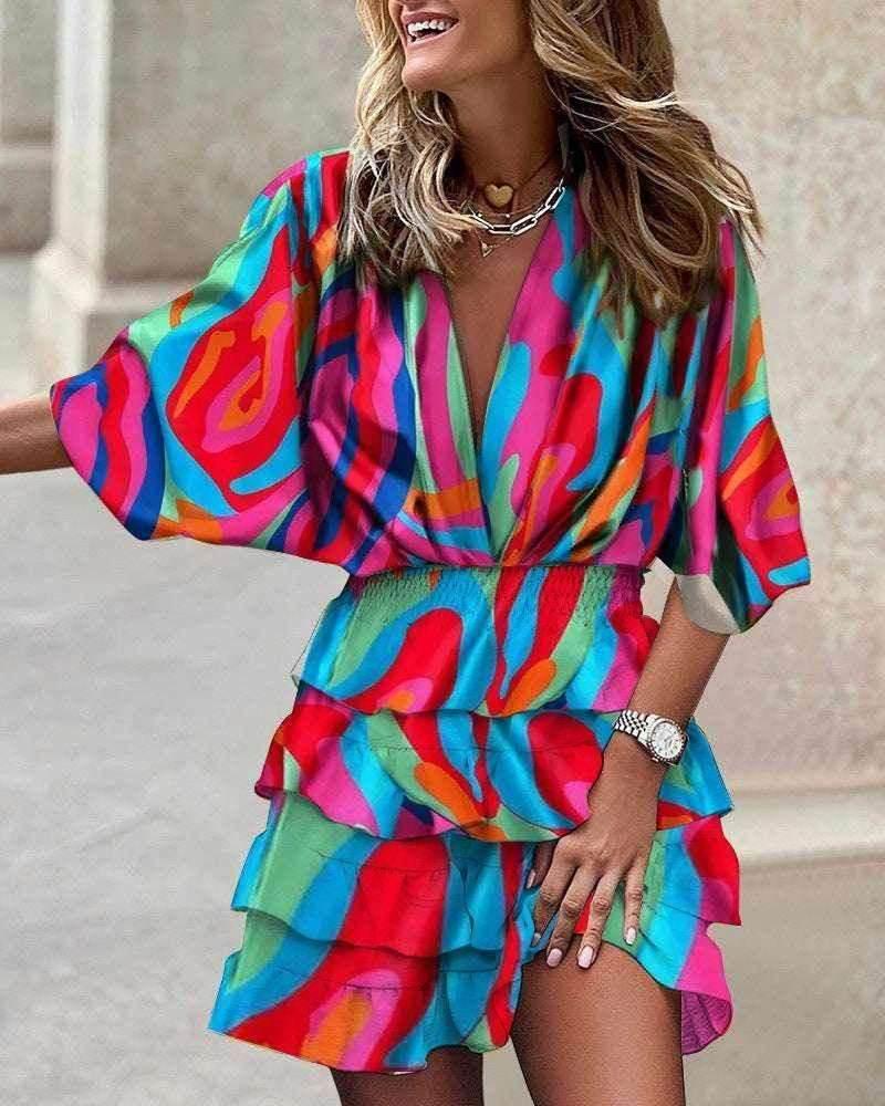 Irregular Hem Bat Sleeve V-Neck Dress – Bold Prints - ZA-Zola