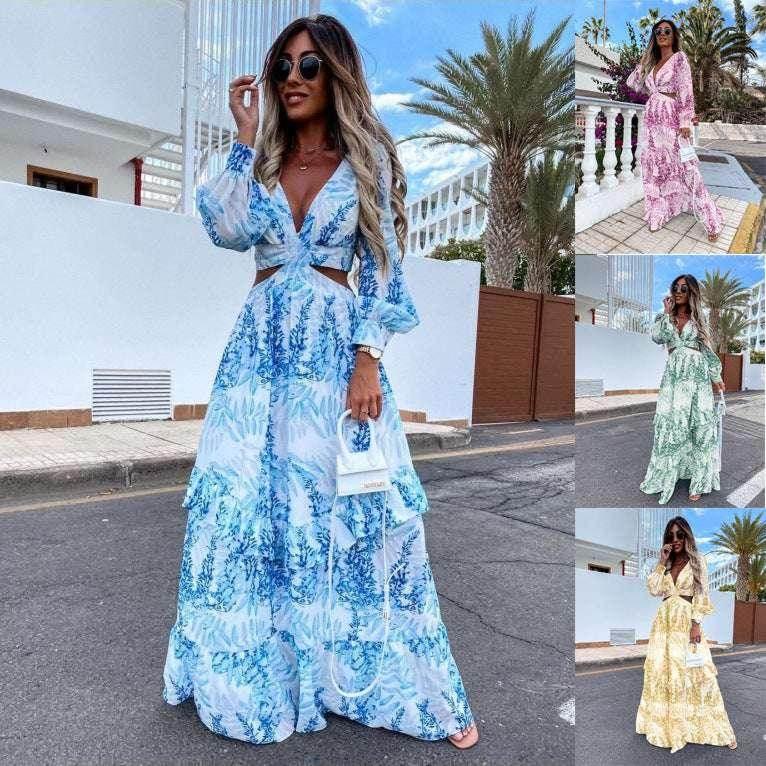 Elegant V-Neck Long Sleeve Chiffon Dress - ZA-Zola