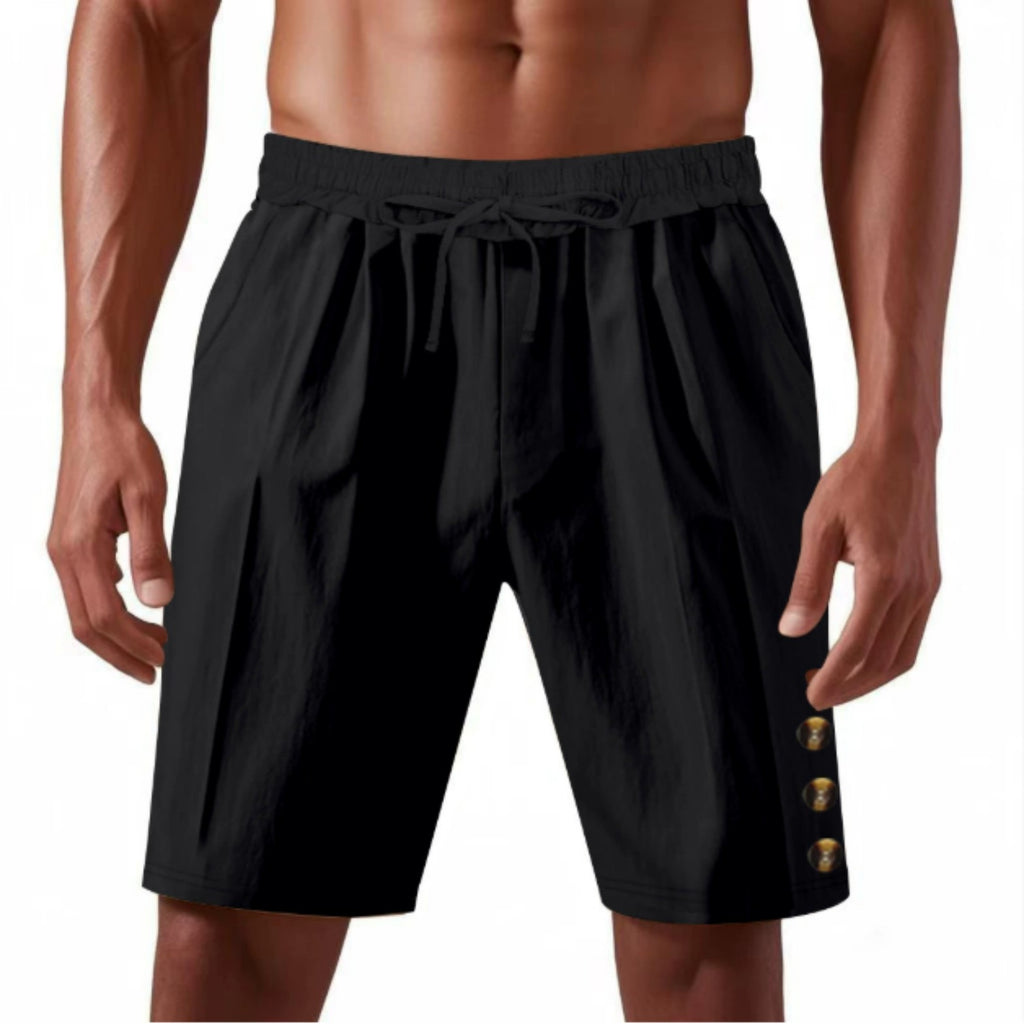 Black shorts with gold buttons on a white background