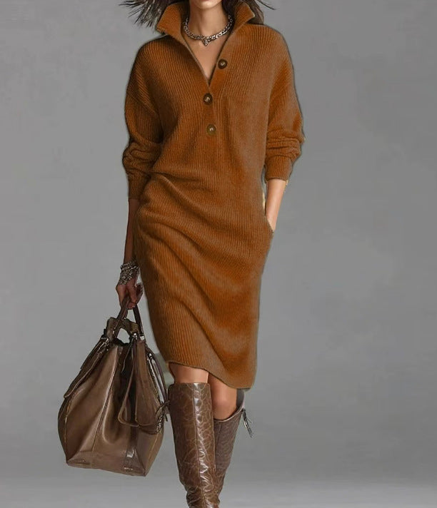 Person wearing a brown corduroy dress with a matching handbag against a gray background