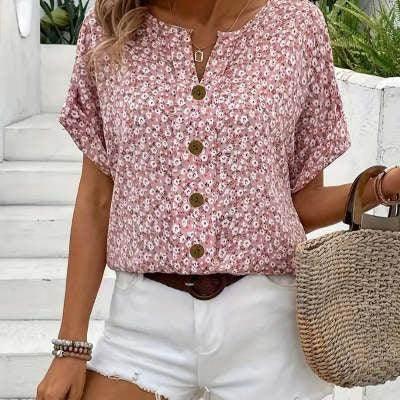 Jacquard V-Neck Short Sleeve T-Shirt – Pink - ZA-Zola