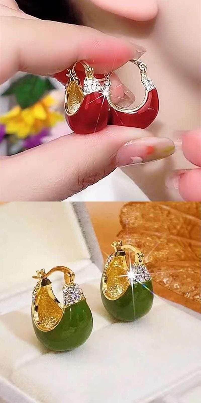 Elegant Red & Green Rhinestone Drip Earrings - ZA-Zola