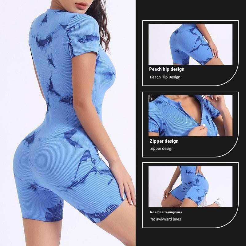 Elastic Tie-Dye Yoga Bodysuit – One-Piece Short Sleeve Activewear - ZA-Zola