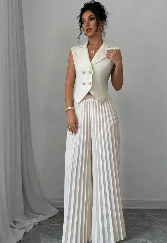Woman wearing trendy white vest and pleated wide-leg pants, ZA-Zola fashion style