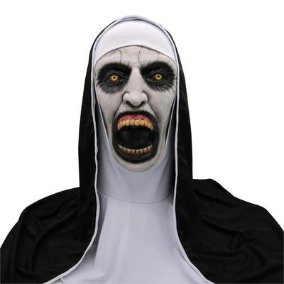 Halloween costume mask with a white face and black hood on a white background