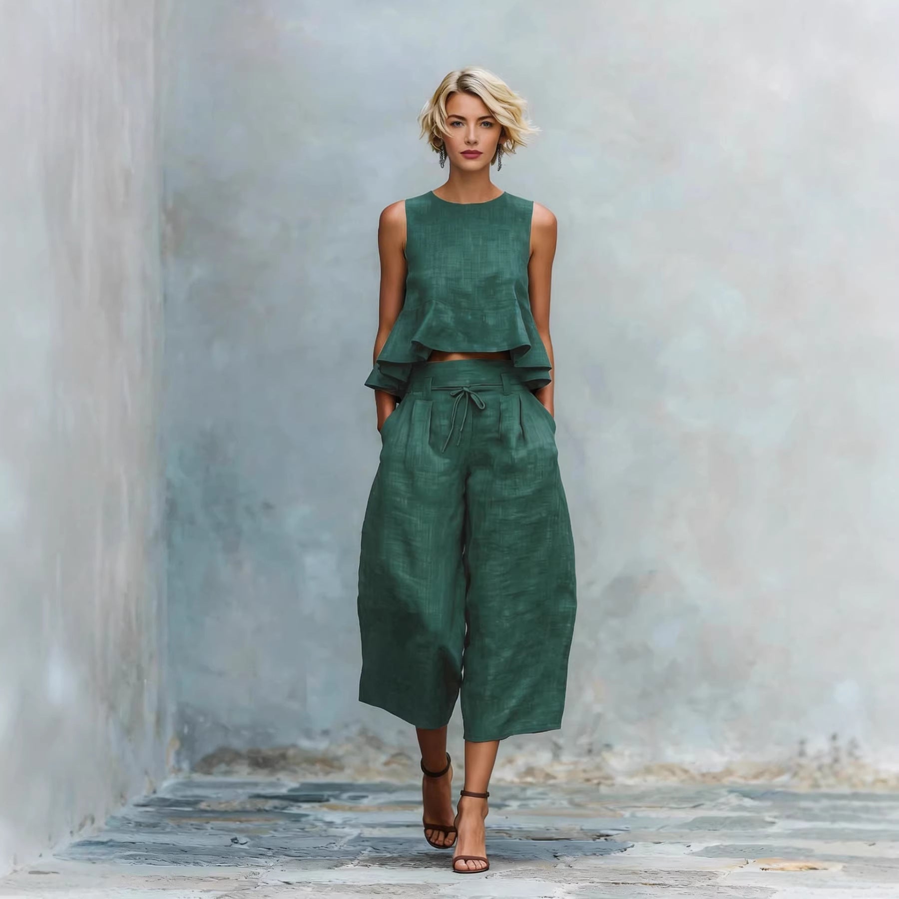 Woman wearing a green outfit against a textured wall.