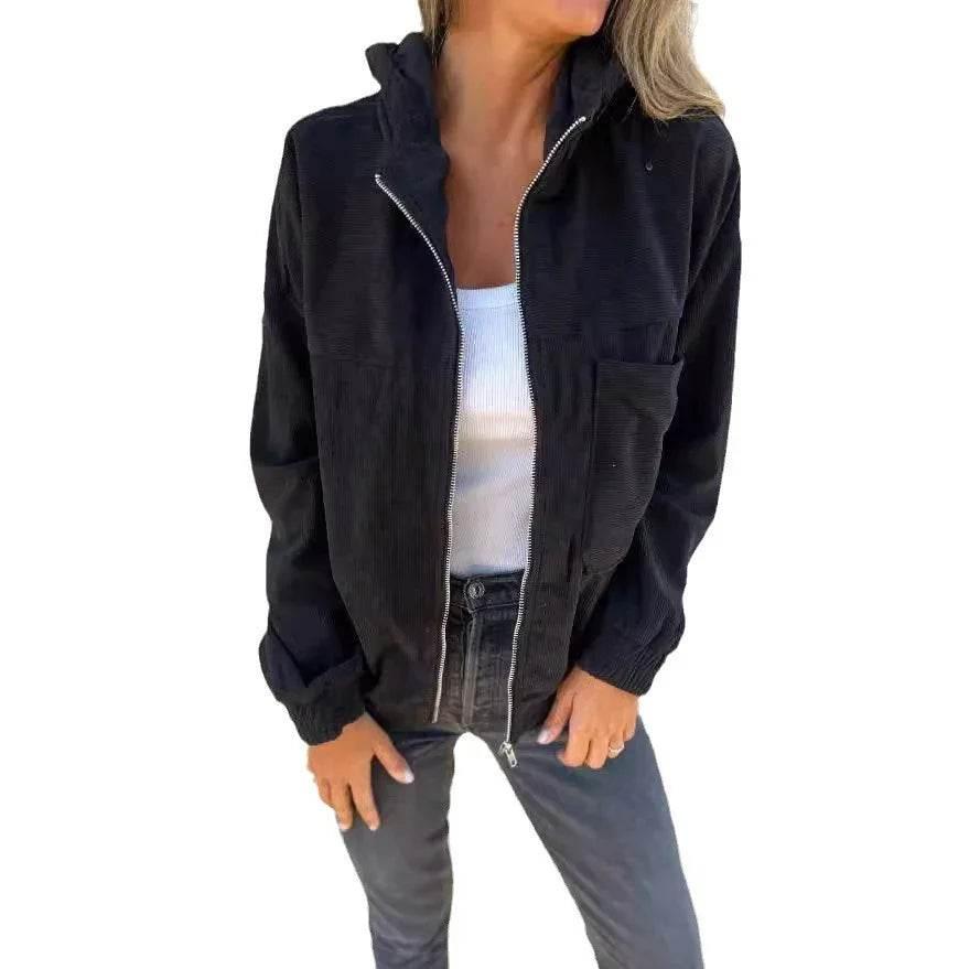 Women’s Corduroy Hooded Jacket with Zipper - ZA-Zola