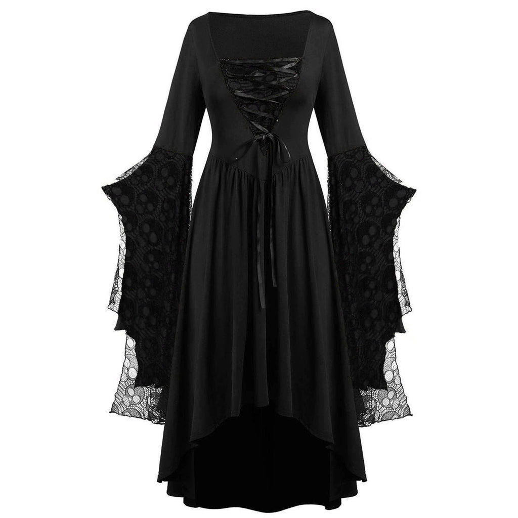Black gothic-style dress with lace sleeves on a white background