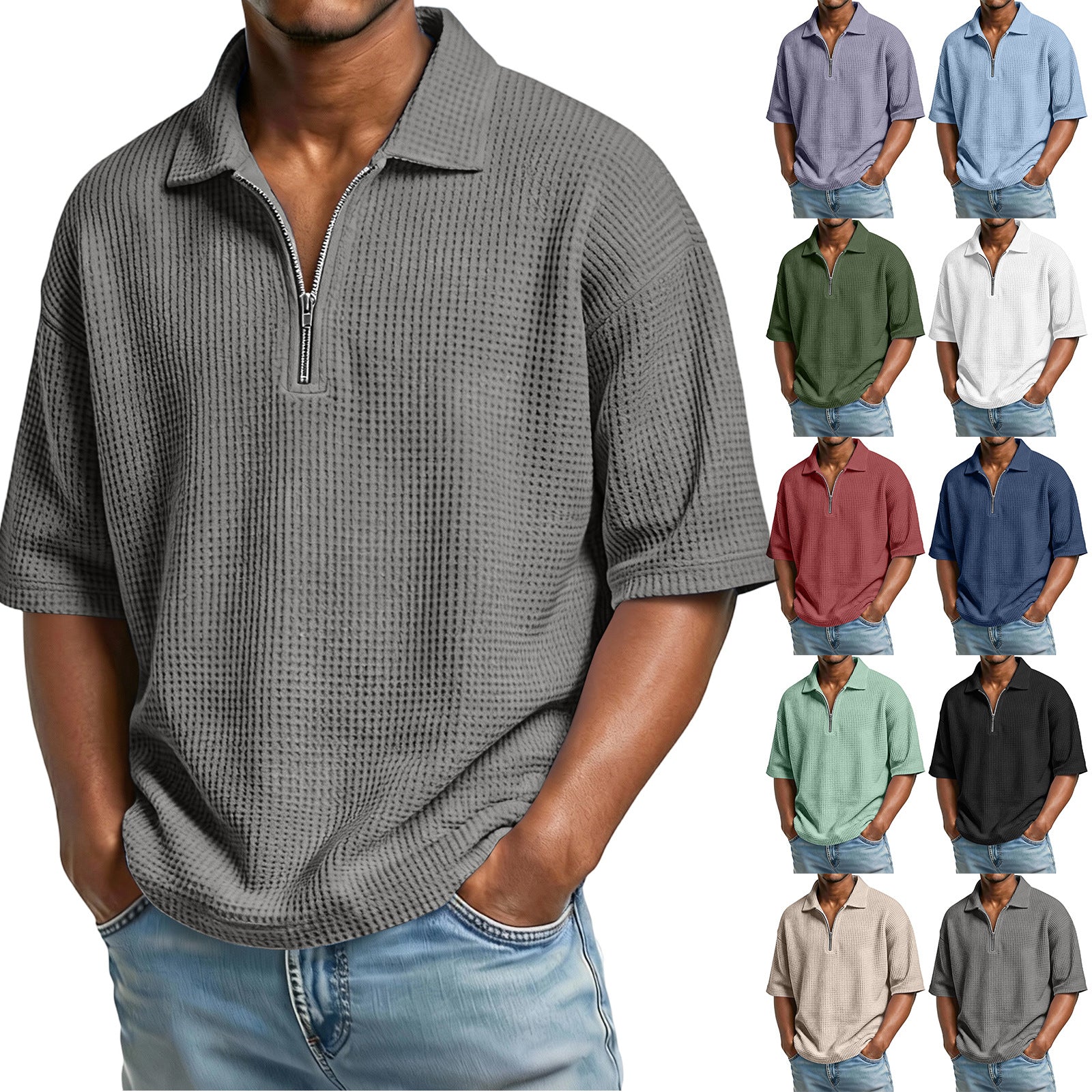 Man wearing a gray textured polo shirt with multiple color options displayed below.