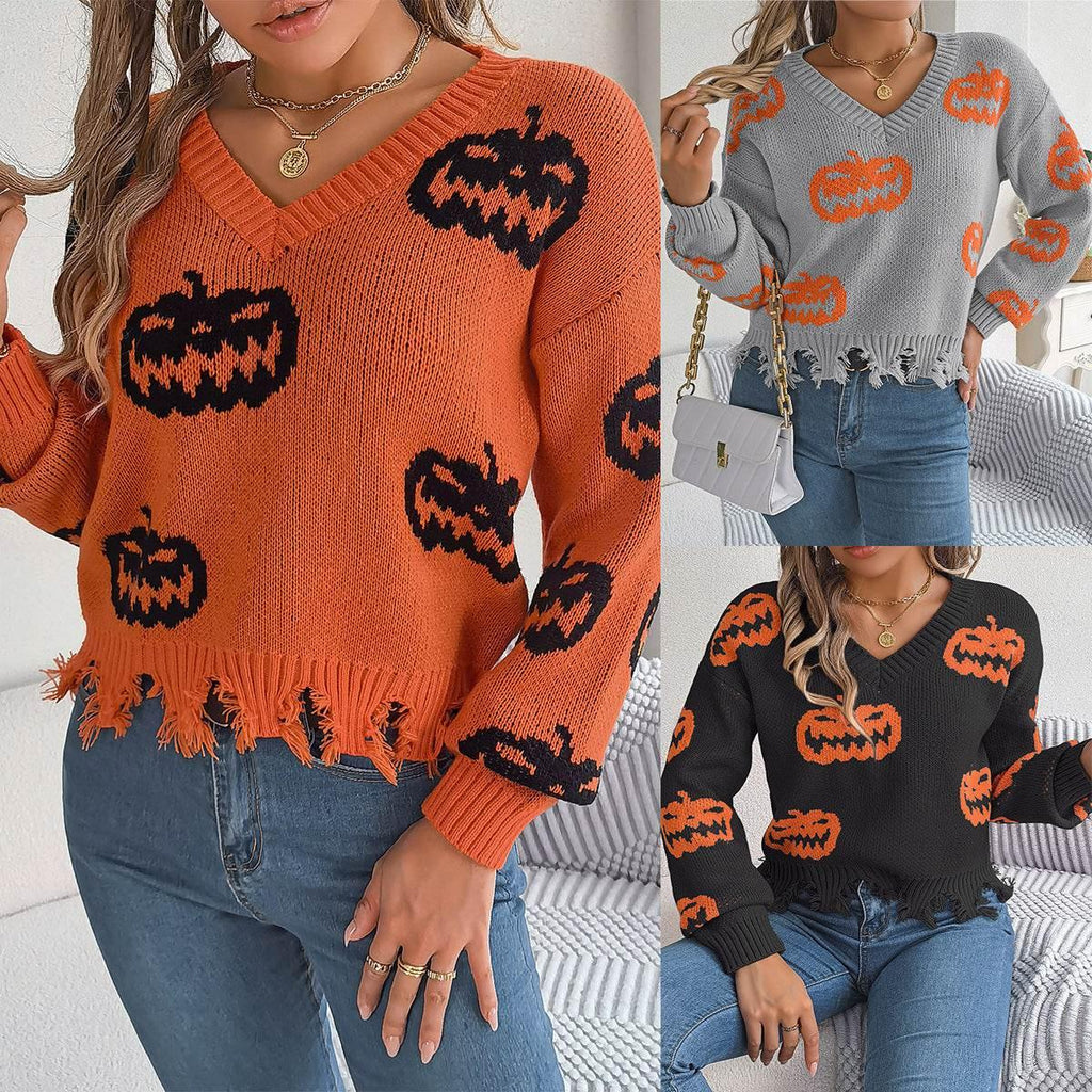 ZA-Zola Halloween Pumpkin Cut Long Sleeve Sweater - ZA-Zola