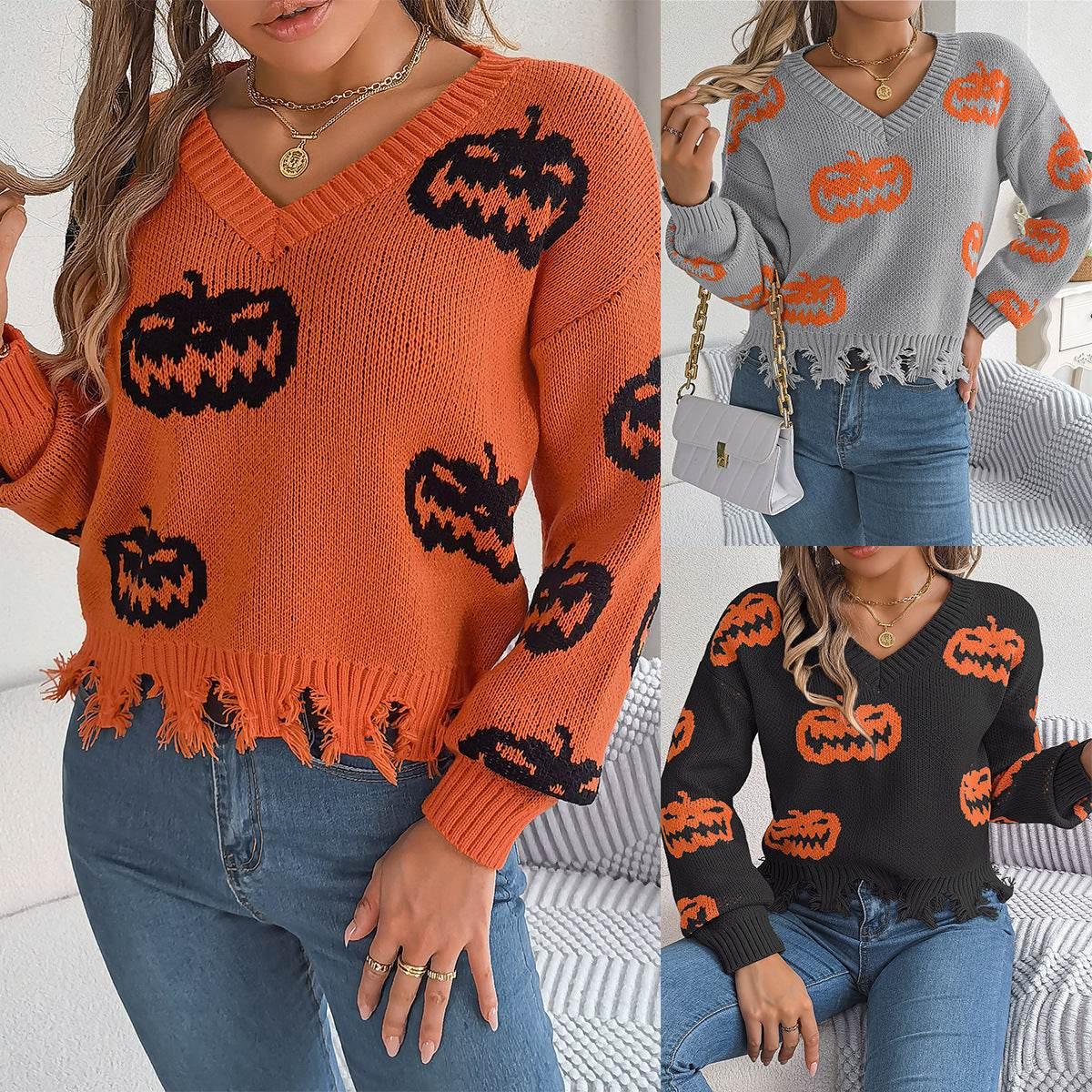 ZA-Zola Halloween Pumpkin Cut Long Sleeve Sweater - ZA-Zola