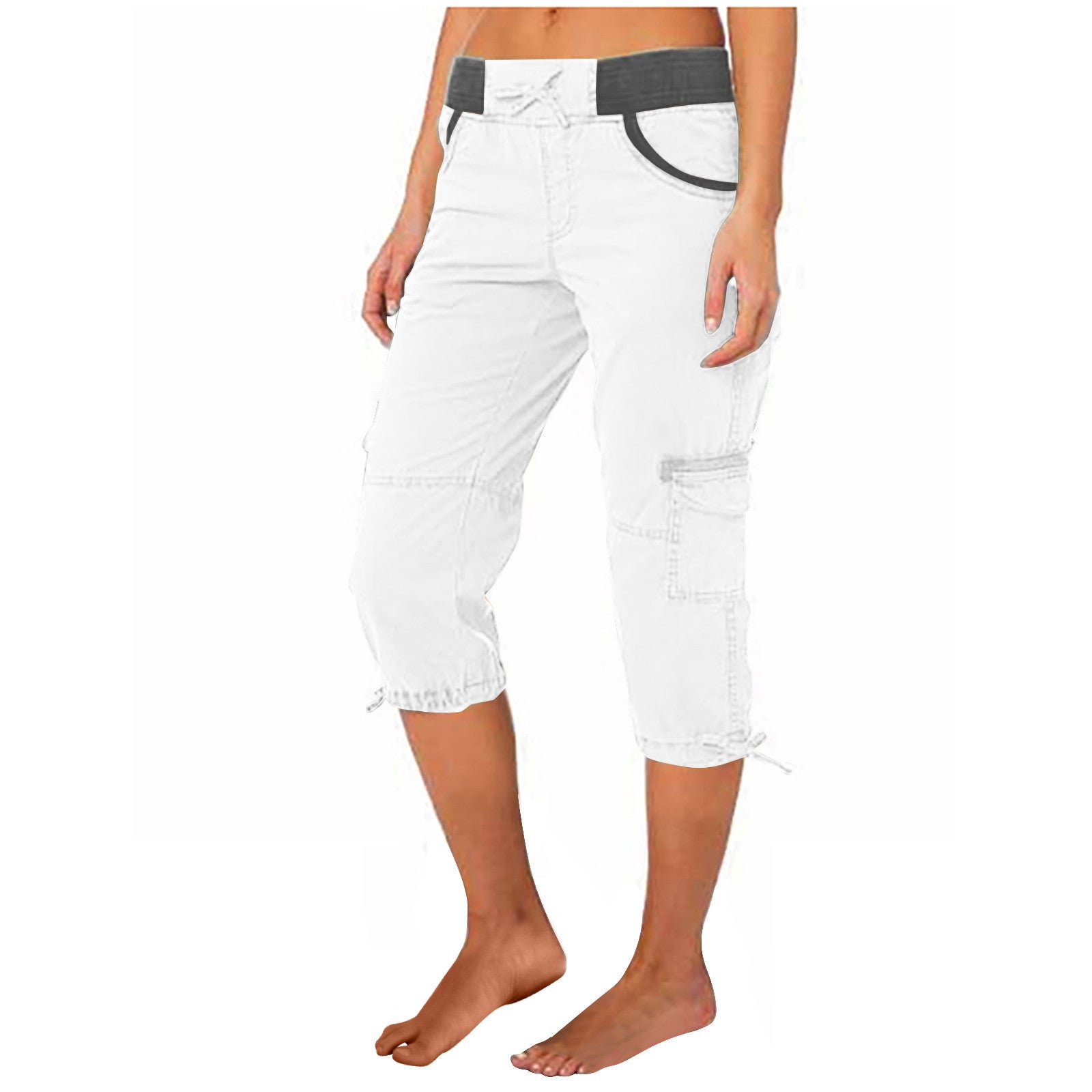 White capri pants with a gray belt on a white background