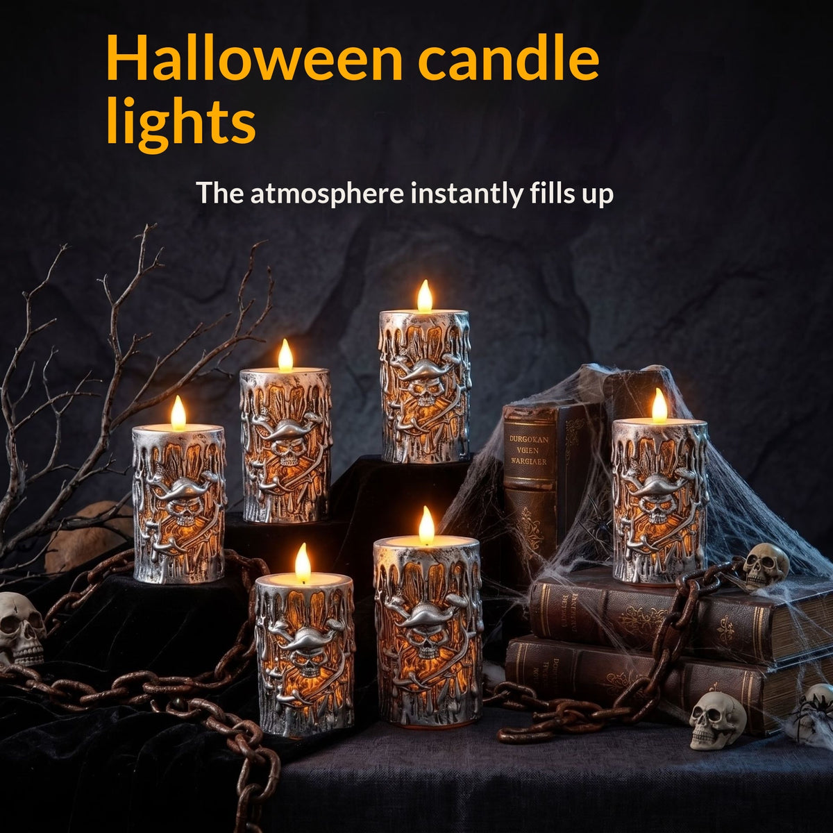 Five Halloween candle lights with glowing orange and gold jack-o'-lantern designs, styled on a dark tablecloth with old books, skulls, chains, and cobwebs under the text 'Halloween candle lights'.