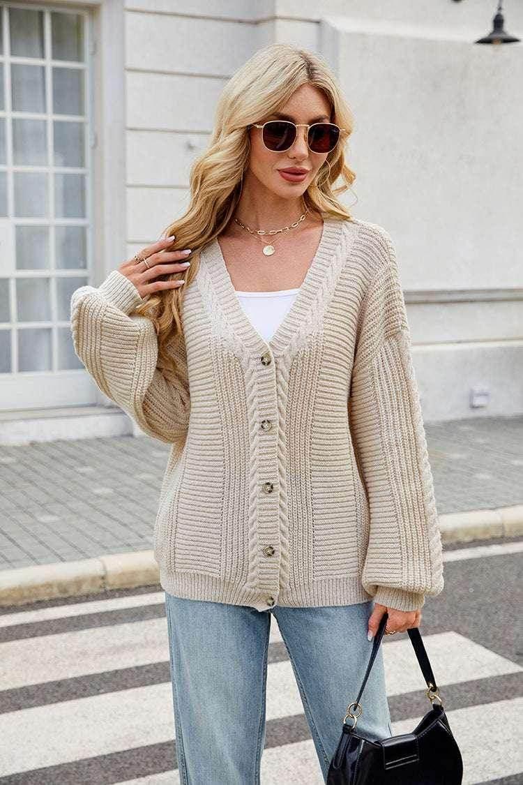 Twisted Knit V-Neck Cardigan – Soft & Slouchy Vibe - ZA-Zola