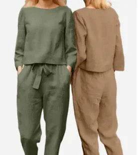 Two women modeling ZA-Zola casual linen lounge sets in green and beige, front and back view