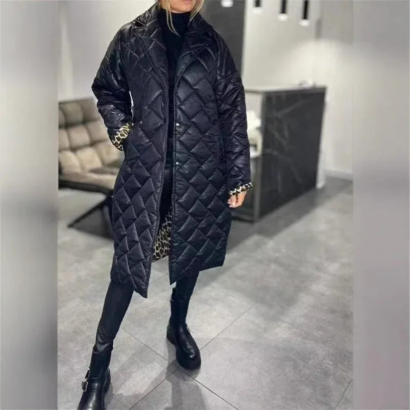 Women Rhombus Stitching Coat – Warm Long Jacket with Lapel & Pockets - ZA-Zola