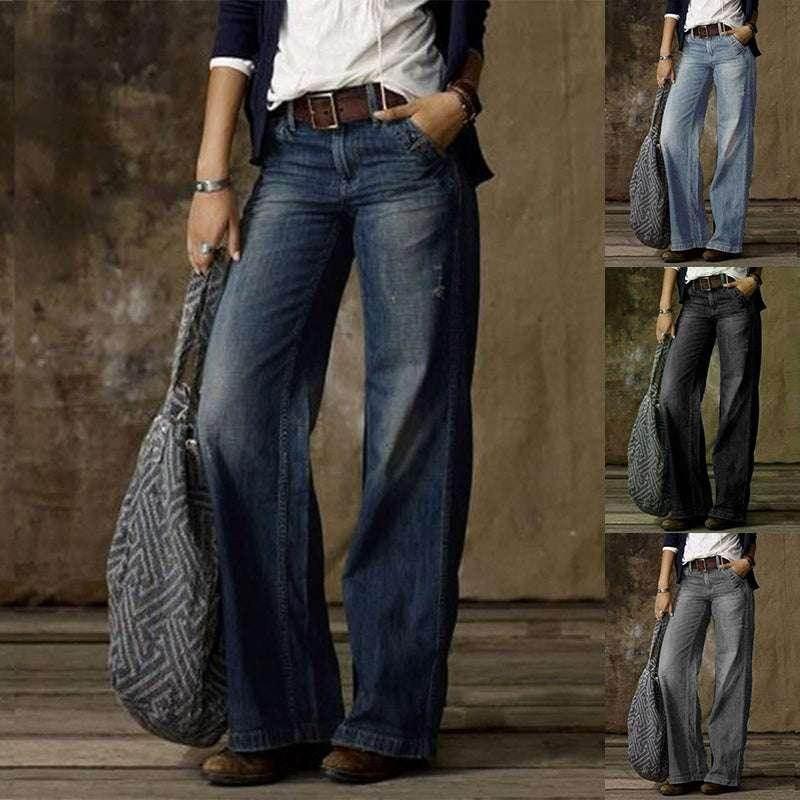 Retro Wide-Leg Denim Jeans With Pockets - ZA-Zola
