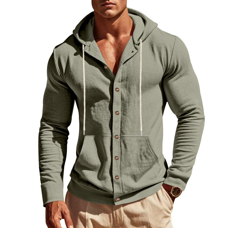 Green hoodie with button details on a white background