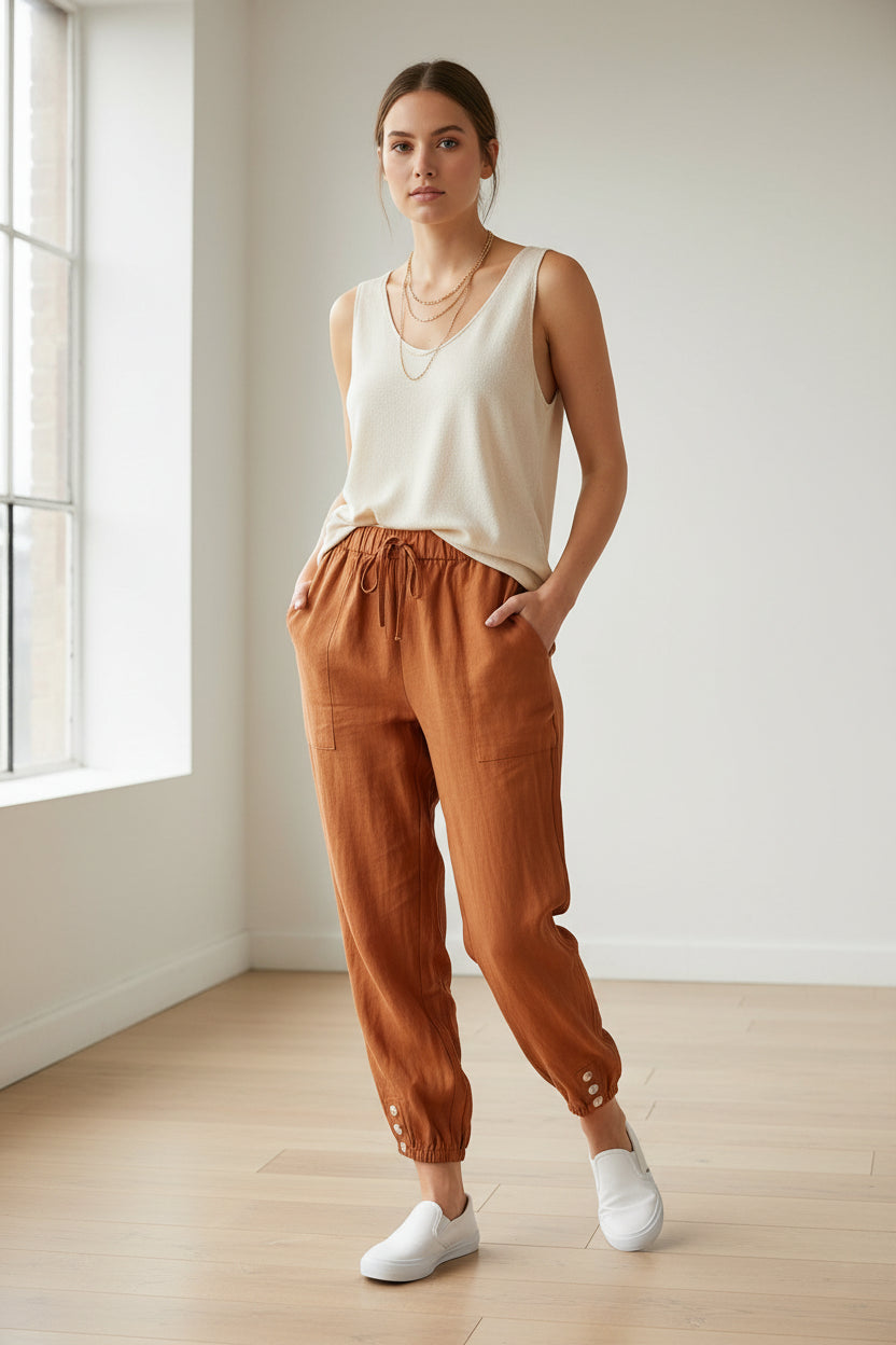 Pants worn by models on a light wooden floor.