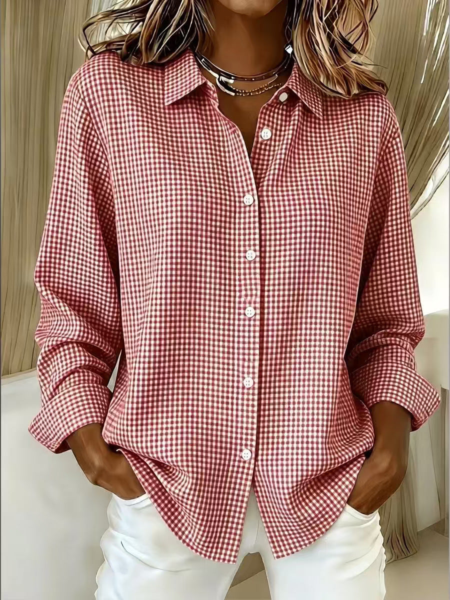 Lapel Collar Long Sleeve Plaid Shirt | Cotton Linen