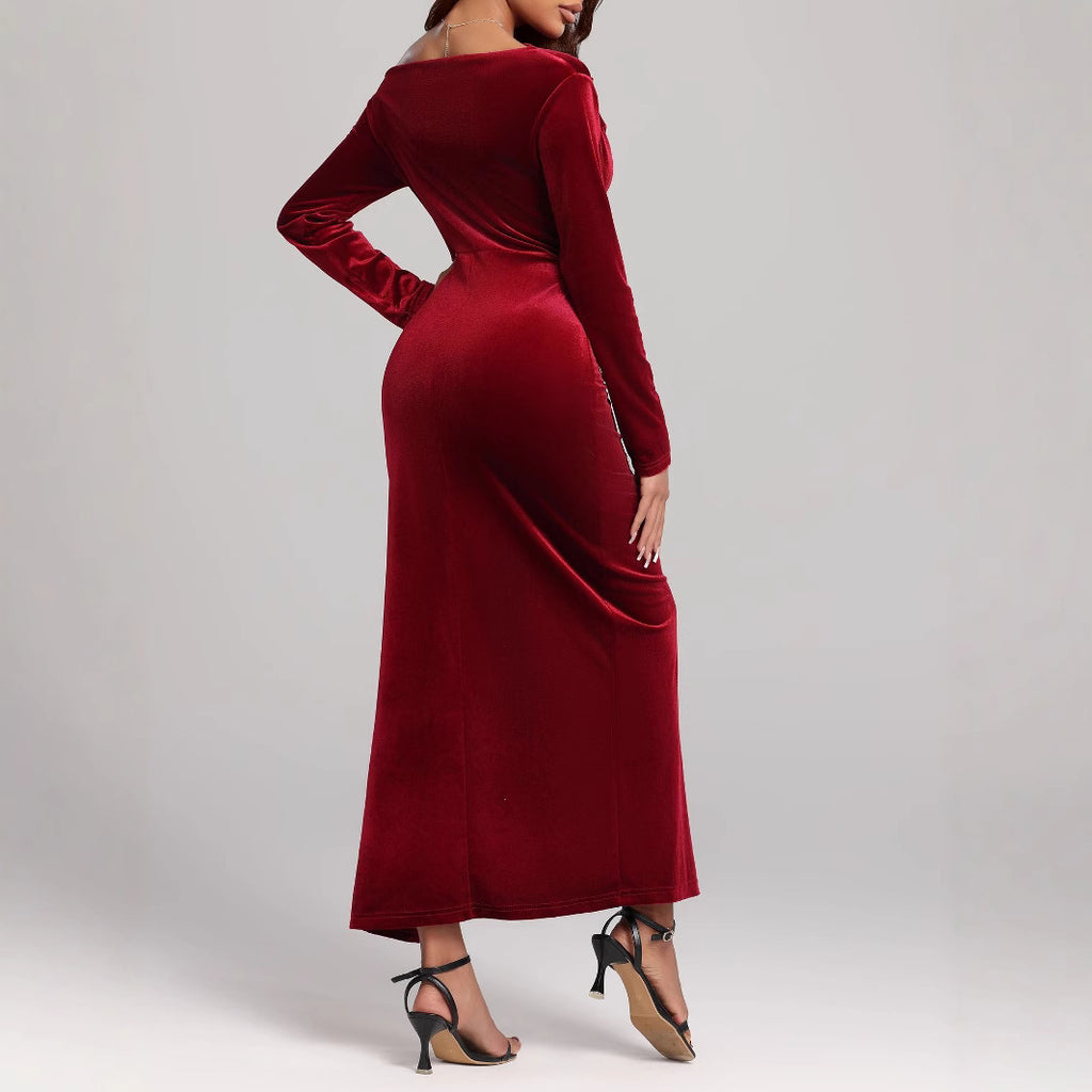 Women’s Formal Dress | Red Velvet Slit Long Sleeve Maxi Dress