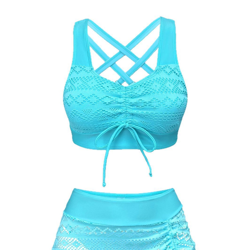 Blue lace bikini set on a white background