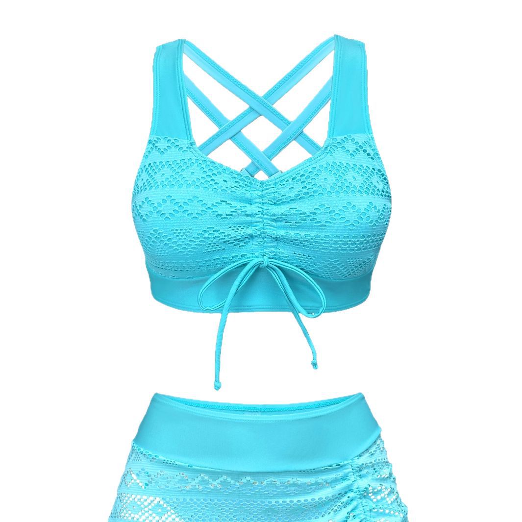 Blue lace bikini set on a white background