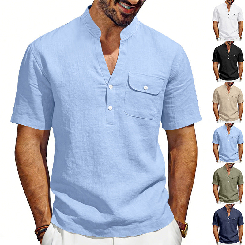 Man wearing a light blue short-sleeve shirt with multiple color options displayed.