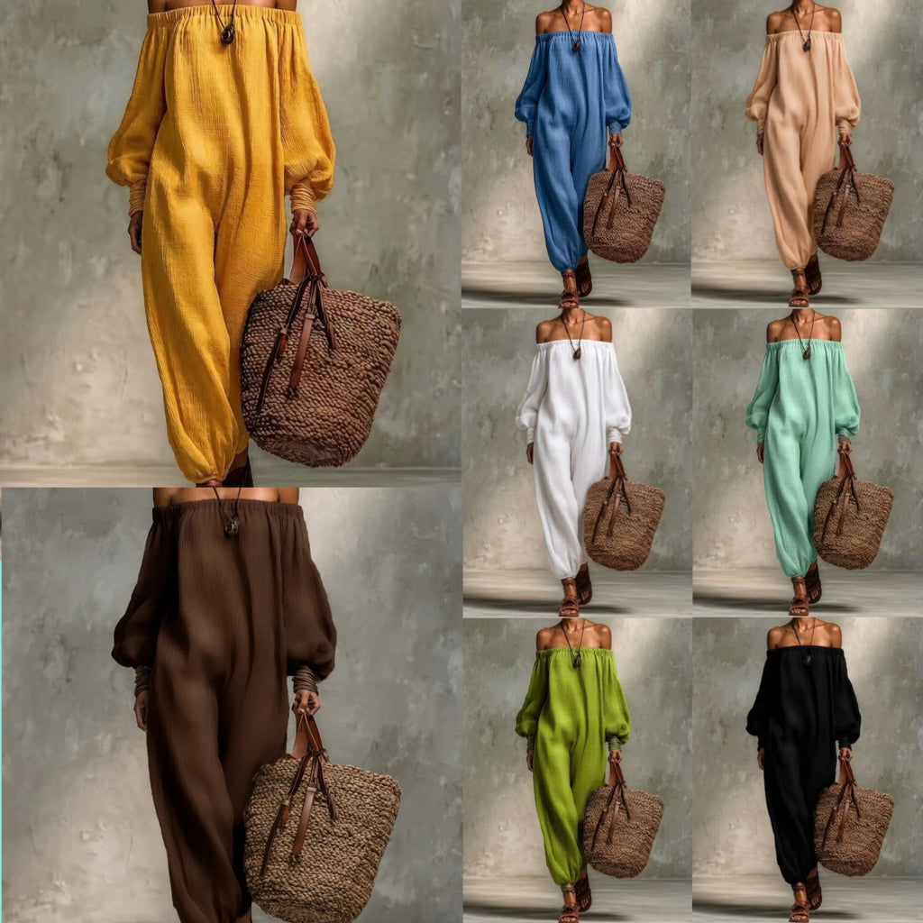 Collage of mannequins wearing different colored outfits with a brown bag against a gray background