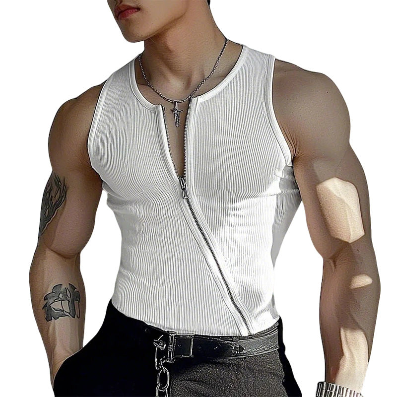 Man wearing a white zip-up tank top with sheer panels on a white background