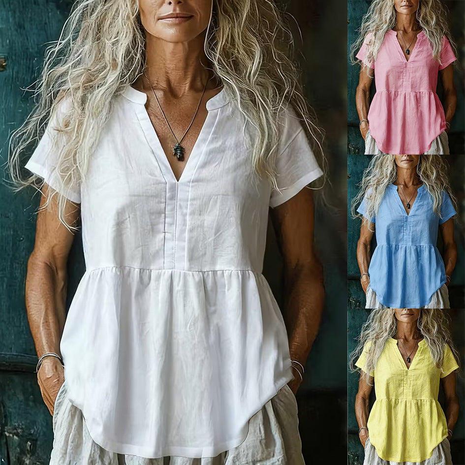 Woman wearing a white blouse with a rustic background, shown in multiple color options.