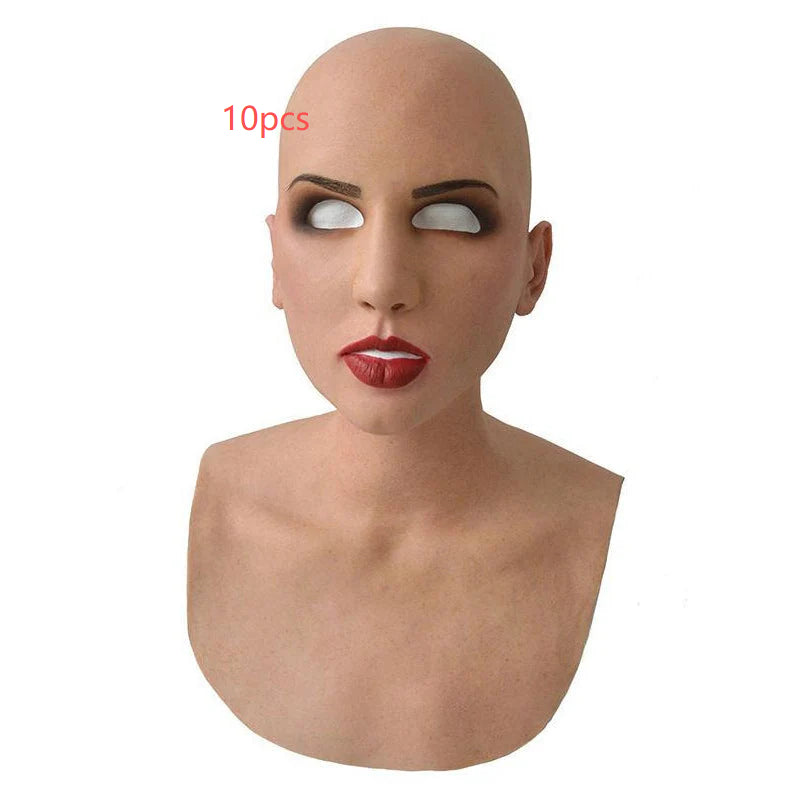 A bald female latex mask bust with white blank eyes, dark eyeshadow, defined eyebrows, and red lips, shown against a plain white background with red '10pcs' text near the top.