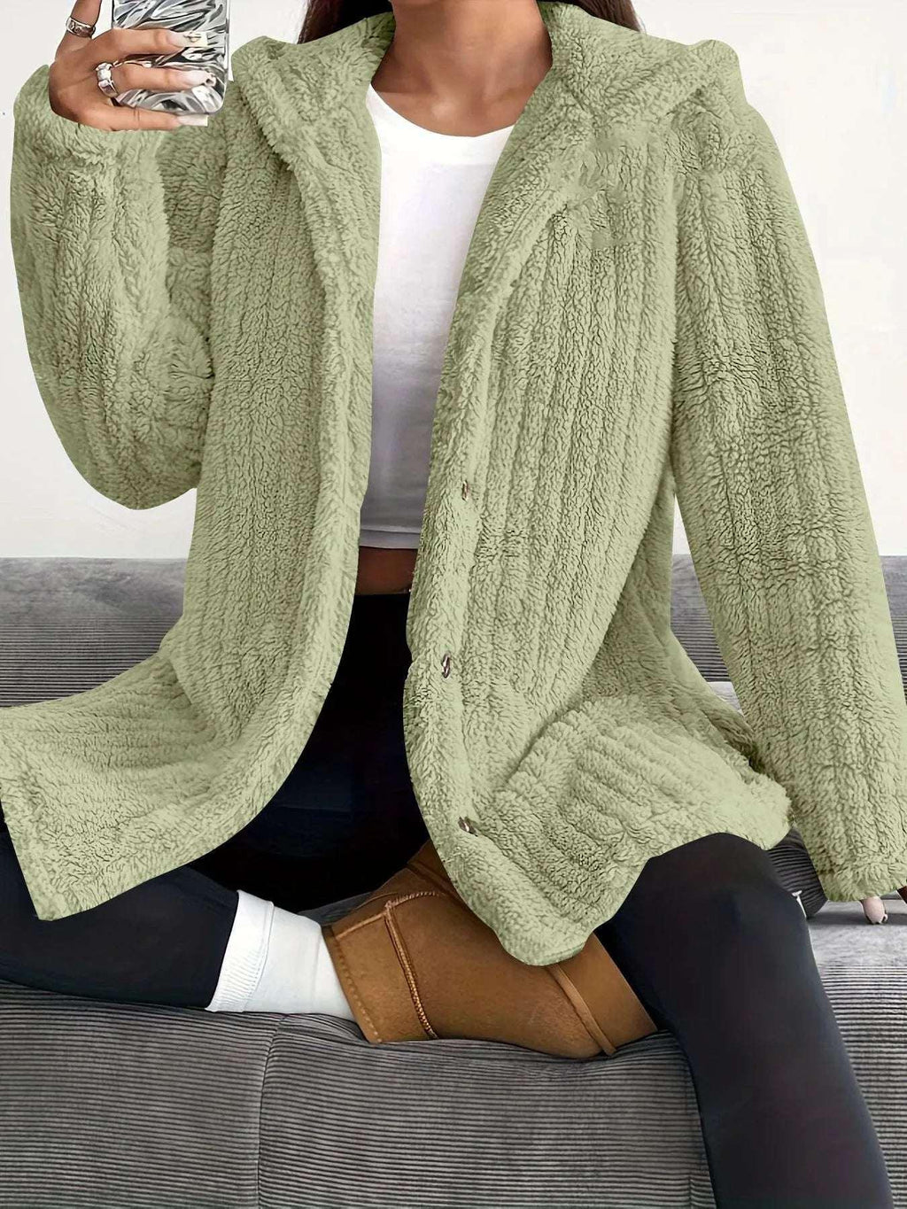 Women’s Hooded Plush Coat – Loose Long Sleeve Jacket - ZA-Zola