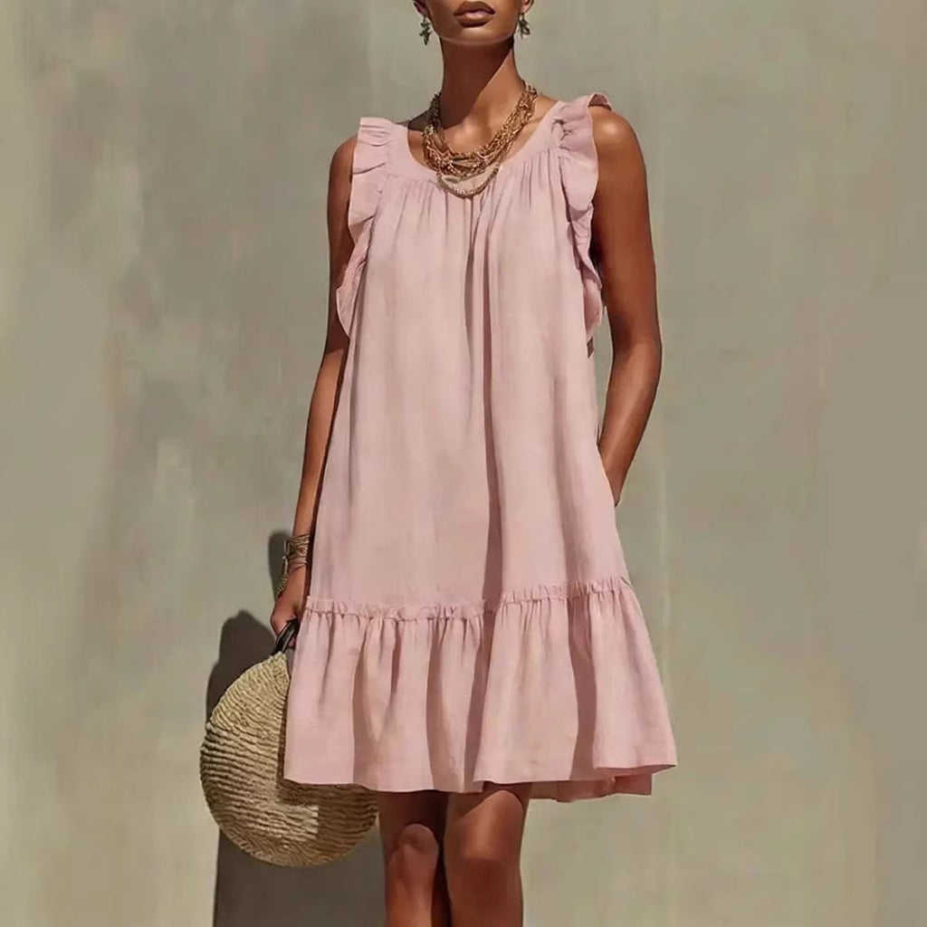 Casual Loose Round Neck Sleeveless Ruffle Trim Dress – Stylish A-Line Women's Fashion