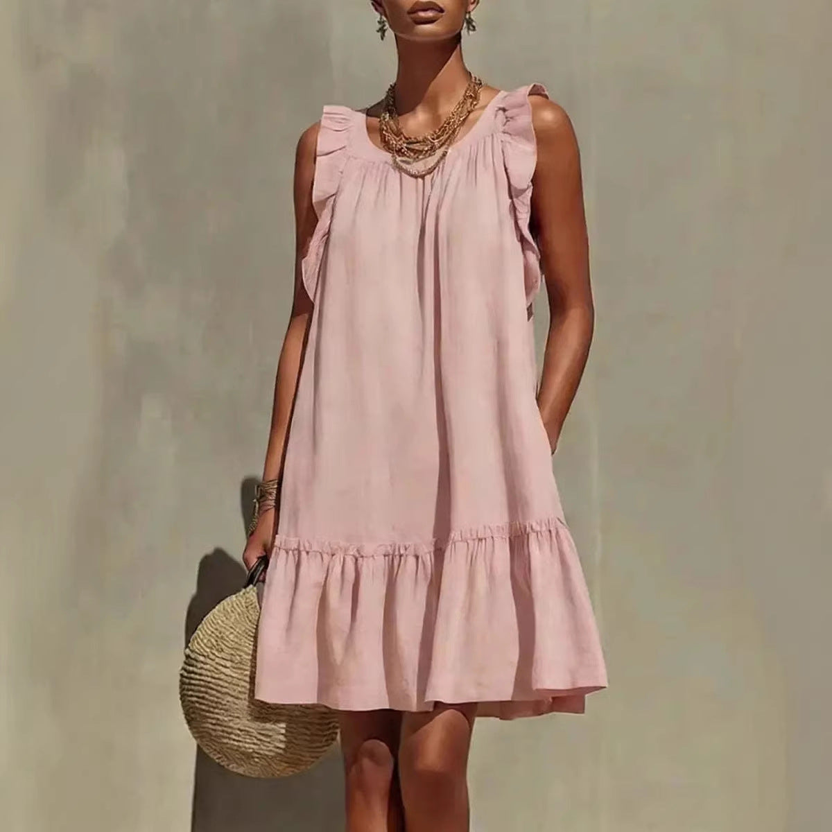 Casual Loose Round Neck Sleeveless Ruffle Trim Dress – Stylish A-Line Women's Fashion