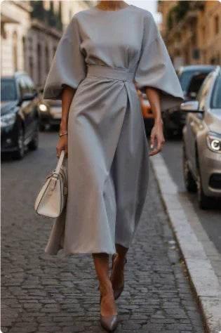 Loose Batwing Sleeve Waist-Tight Dress - ZA-Zola