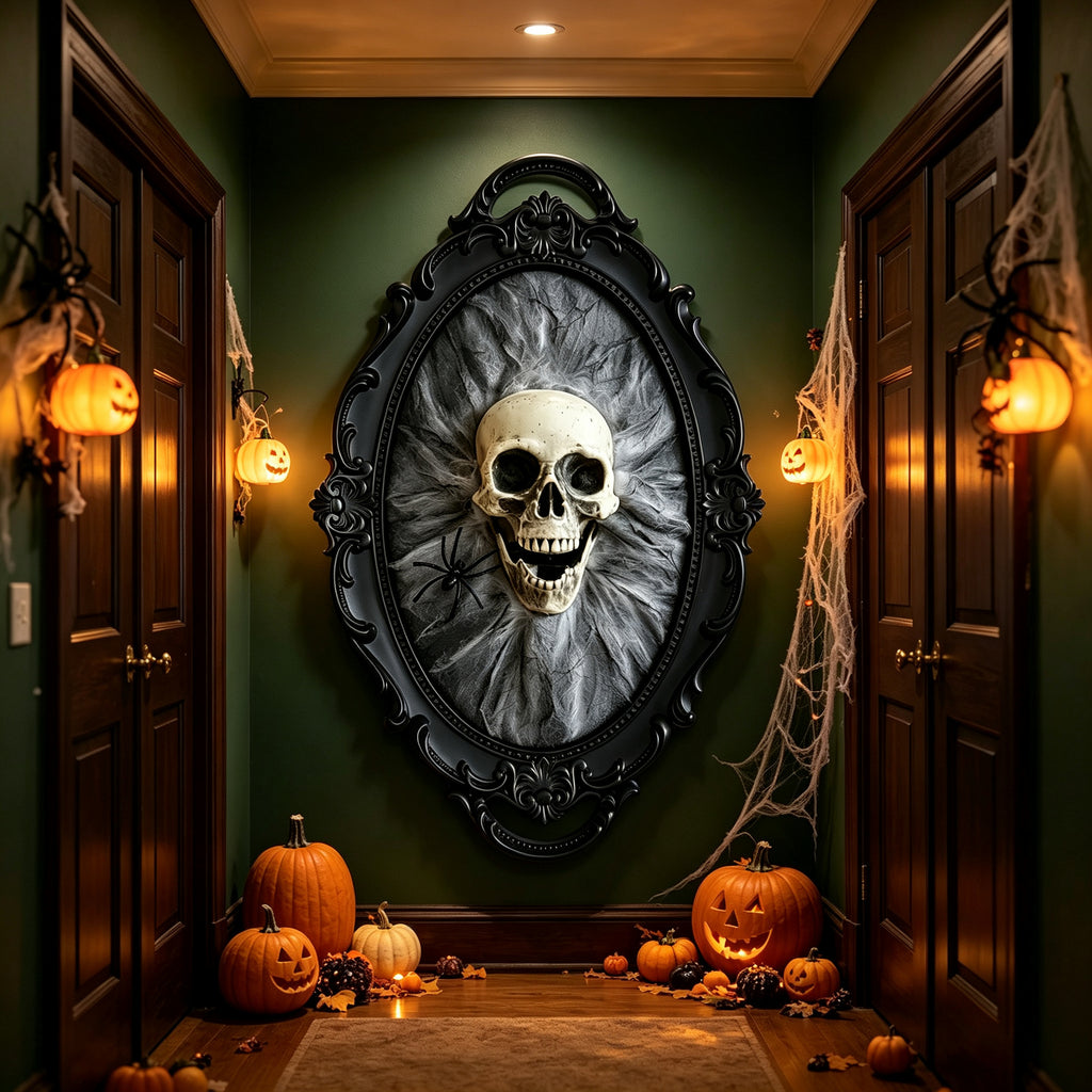 A large black oval framed wall art piece featuring a detailed skull on a gray textured background, displayed in a Halloween-themed hallway with pumpkins, cobwebs, and warm wall lights.