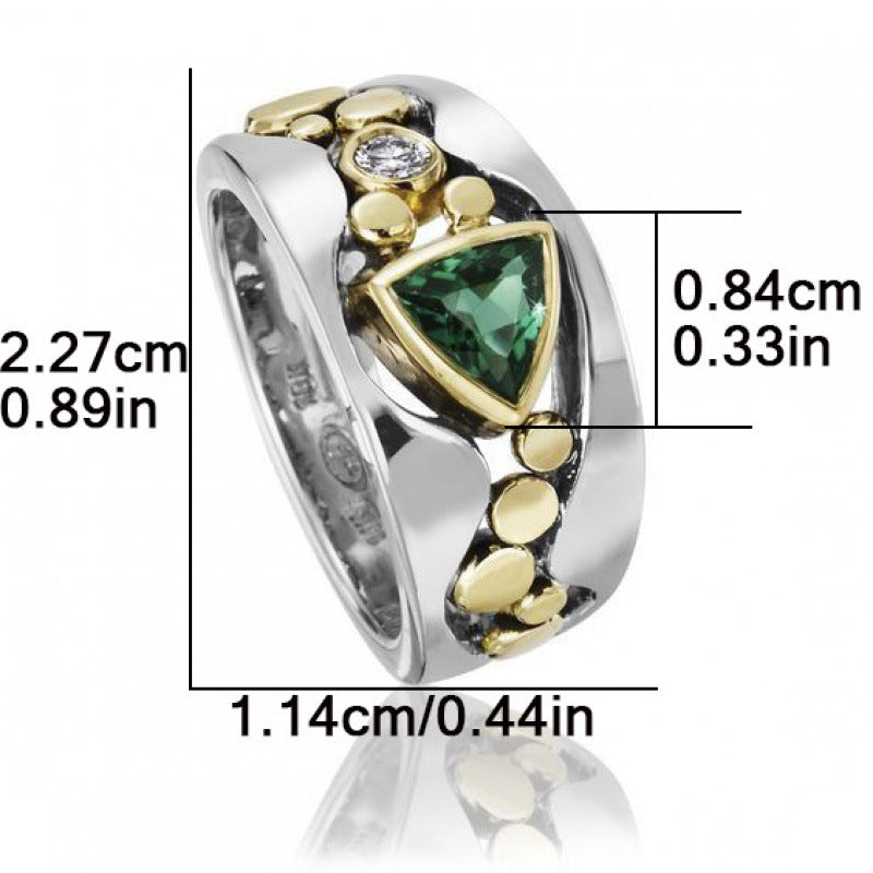 Silver ring with green gemstone and gold accents, shown with measurements on a white background.
