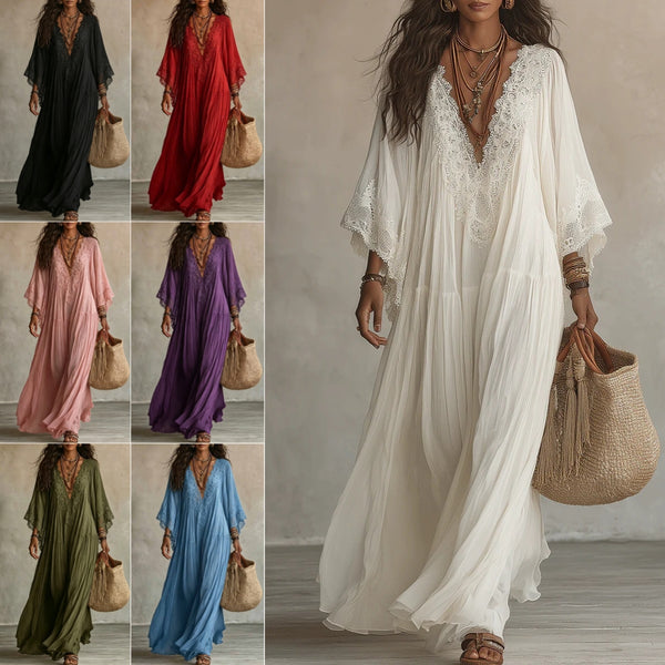 A collage showing a woman wearing a loose, flowing maxi dress in multiple colors: black, red, pink, purple, white, olive green, and blue. The large right panel shows the model wearing the white version, holding a woven tote bag, while the smaller left panels show the same dress style in other colors.