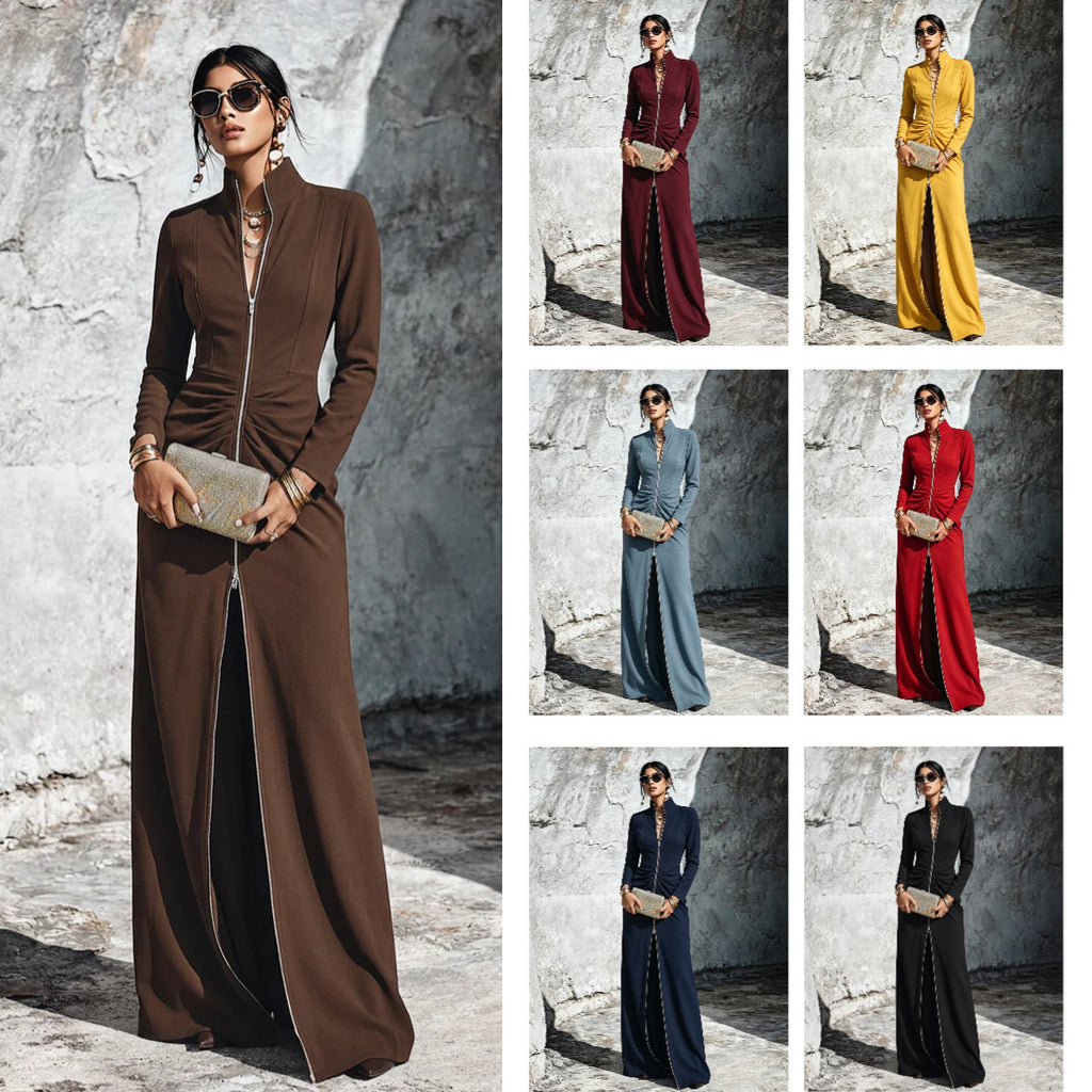 A collage showing a long, straight maxi dress worn by a model in multiple colors. The large left panel shows the model in a brown version, while the smaller panels on the right show additional color options: burgundy, mustard yellow, dusty blue, red, navy, and black.