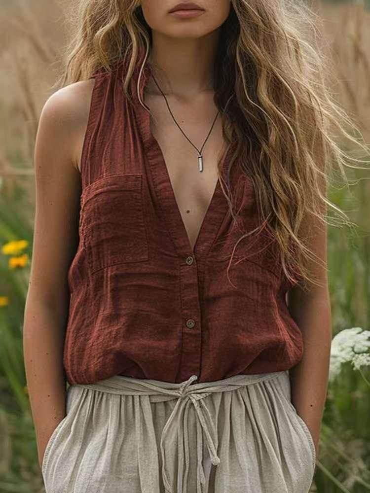 Loose Cotton Linen V-Neck Vest with Pockets - ZA-Zola